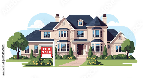 Beautiful luxury two-story house with a for sale sign on the front lawn surrounded by green trees and bushes under a blue sky.
