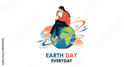 Creative illustration for Earth Day featuring a woman sitting on top of the globe and smelling a flower to promote environmental care.