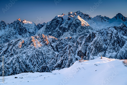 Majestic snow-capped mountains in Cortina d'Ampezzo at sunset. Alps site the 2026 Winter Olympics, Italy