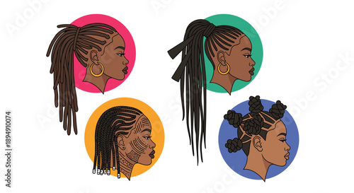 Stylized profiles of four African women showcasing a variety of beautiful traditional and modern braided hairstyles in circles.