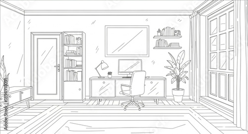 Interior design sketch of a modern living room with furniture and plants.