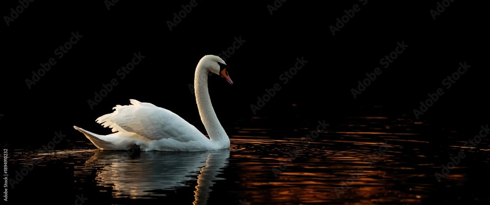 Fototapeta premium Mute Swan drifting across the Lake at sunset. Magnificent scene, serene White Swan in sunset light, fairy tale setting, enchanting beauty