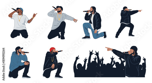 Collection of male rappers performing on stage with microphones in various dynamic poses and a silhouette of a cheering crowd.