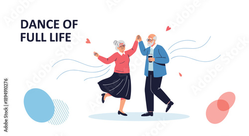 Senior man and woman dancing joyfully together with floating hearts and abstract shapes on a clean white background.