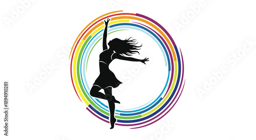 Silhouette of a graceful woman dancing and jumping with joy inside a vibrant multi-colored rainbow circular frame.