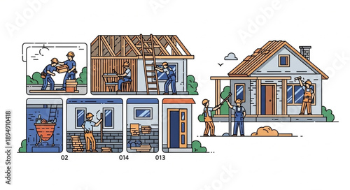 Illustration of house construction stages from foundation to completion.