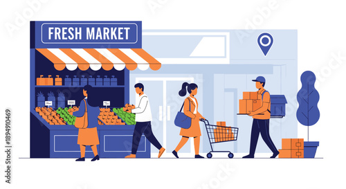 Customers browsing fresh fruits and vegetables at an outdoor market stall with a delivery person carrying boxes nearby.