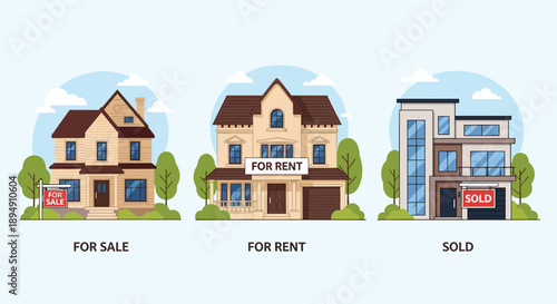 Trio of suburban houses representing different real estate statuses including for sale, for rent, and sold with signs.