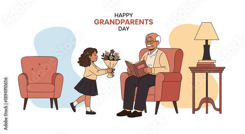 Little girl giving a bouquet of flowers to her grandfather sitting in an armchair for Happy Grandparents Day.