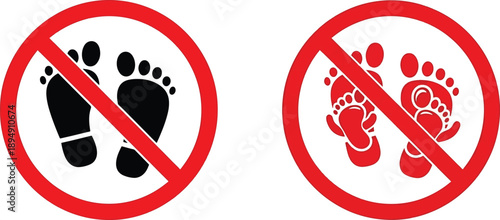 Do not step or no bare feet signs, warning symbols for hygiene
