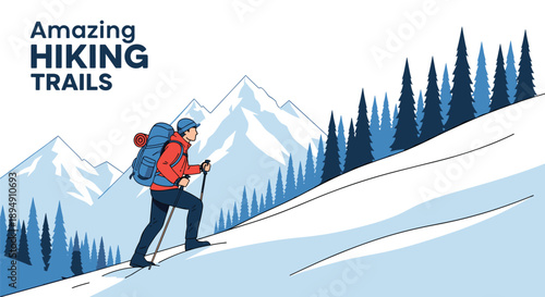 Male hiker with a backpack and trekking poles climbing a steep snowy slope with tall mountains in the background.