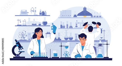 Team of professional scientists in white lab coats performing experiments and research in a modern science laboratory.