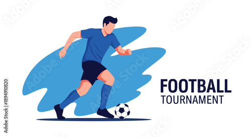 Professional football player in a blue jersey running with a soccer ball for a football tournament advertisement.