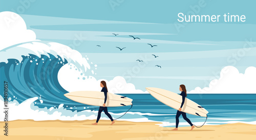 Two women surfers carrying their surfboards along a sandy beach with a large crashing wave and birds in the sky.