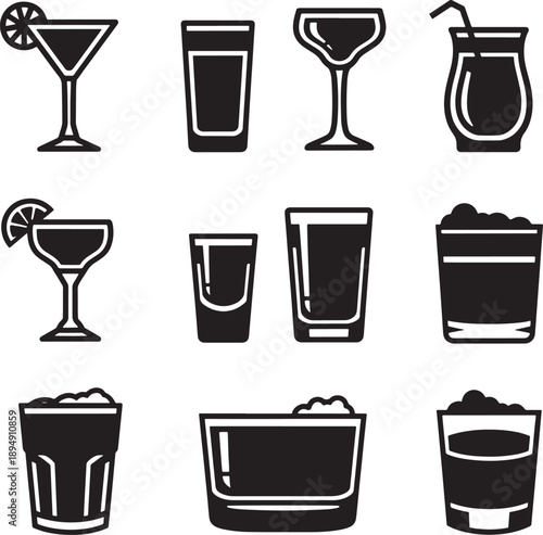 Minimalist Black and White Bar Glassware Vector Set for Drink Menu Design