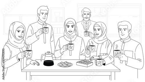 Line Drawing of a Group of Men and Women in Traditional Islamic Dress Standing Around a Table Drinking Coffee and Socializing During a Festive Gathering, Generative AI.