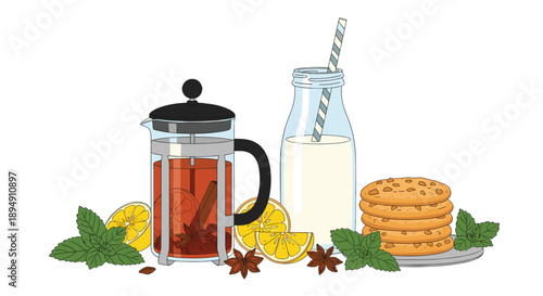 Breakfast set featuring a glass French press with tea, a bottle of milk with a straw, lemon, mint, and cookies.