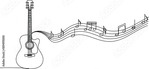 Acoustic Guitar with Flowing Musical Notes Line Art Vector Illustration