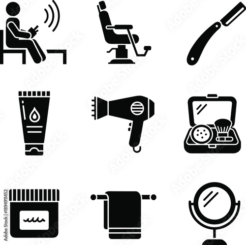 Barbershop and Hair Salon Icon Set Featuring Professional Barber Chair Straight Razor Hair Dryer Mirror and Grooming Products in Solid Black Silhouette Style