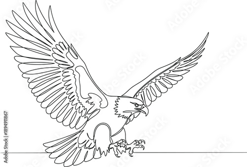 Continuous One Line Drawing of a Bald Eagle in Flight with Spread Wings Minimalist Wildlife Illustration of Powerful Bird of Prey or National Symbol