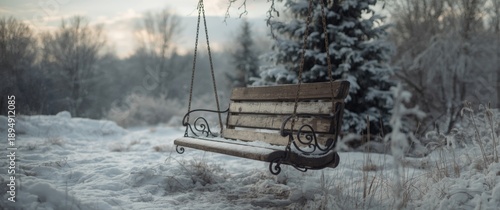 Panel kuchenny z motywem Winter scene featuring a wooden swing bench in the park, decorated for Christmas, surrounded by snow, trees, and natural landscape