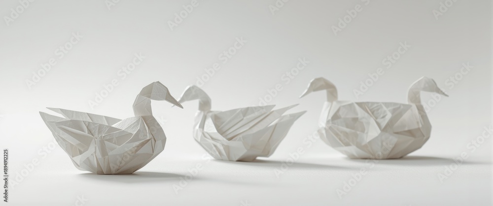 Obraz premium Origami ducks made of paper arranged on a white backdrop