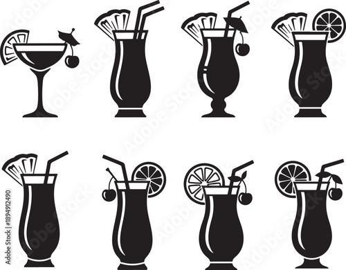 Set of 8 Minimalist Cocktail Glass Vectors with Straws and Garnishes Flat Design