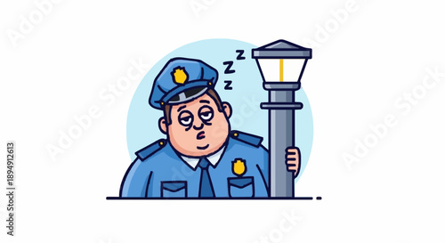 Tired Police Officer Sleeping Next to Street Lamp Illustration.