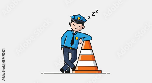 Tired Police Officer Sleeping Leaning on Traffic Cone.