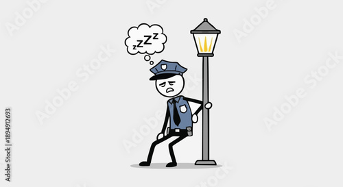 Tired police officer sleeping on duty by lamppost cartoon.