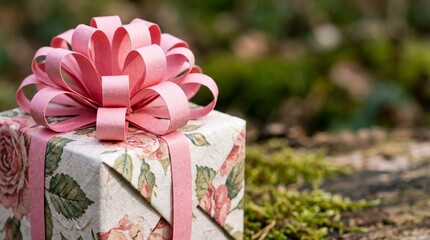Decorative gift box with pink ribbon on natural background for Mother’s Day  
