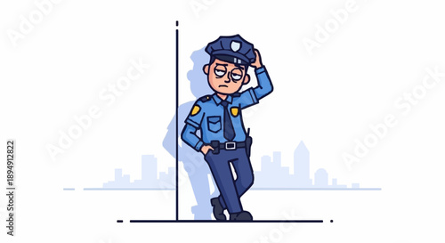 Tired Police Officer Leaning Against Wall in Uniform.