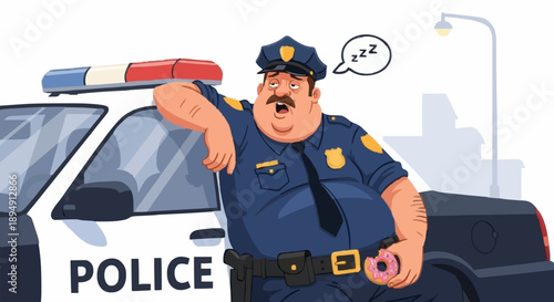 Tired Police Officer Leaning On Patrol Car Holding Donut.