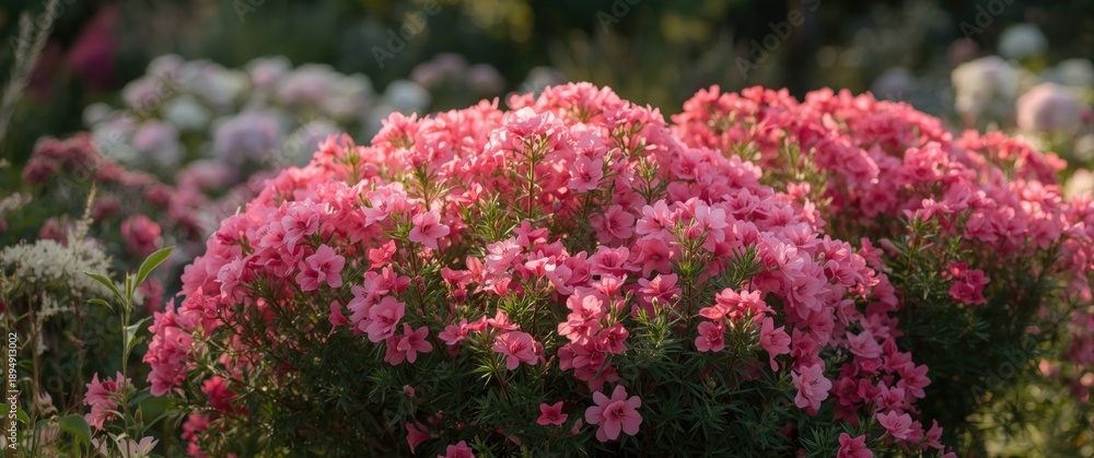 Obraz premium Large pink Phlox Tatjana bushes in full bloom during summer in the garden with floral backdrop