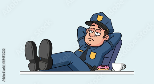 Tired Police Officer Relaxing with Coffee and Donut.