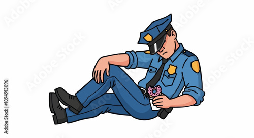Tired Police Officer Resting with Coffee Cup.