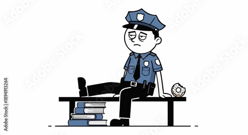 Tired Police Officer Sitting on Bench with Books and Donut.