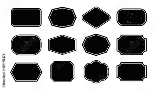 Black decorative label silhouettes, vintage frame shapes, retro outline badge, ornate geometric borders, empty tag design graphics, shield elegant royal crest emblem, retro sticker. Vector set