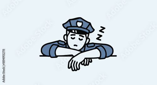 Tired Police Officer Sleeping at Desk Illustration.