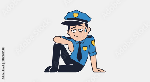 Tired Police Officer Sitting Down Exhausted After Long Shift.