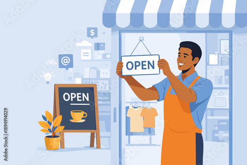 African man small business owner opening retail shop and hanging open sign at storefront vector illustration