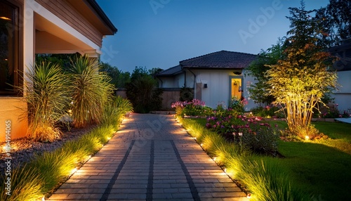 modern gardening landscaping design details illuminated pathway in front of residential house landscape garden with ambient lighting system installation highlighting flowers plants