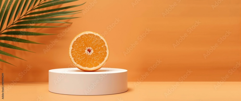 Obraz premium Orange fruit cut in half alongside tropical palm leaf on product podium, summer food minimal theme, perfect for Product Display and Business Concept
