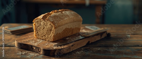 Bread showcased on a wooden surface alongside a cutting board and knife, with room for text