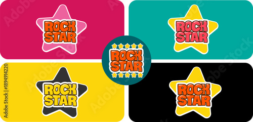 Rockstar cartoon label set with stars, colorful achievement stickers and badges for kids or gaming UI on pink, teal, yellow and black backgrounds.