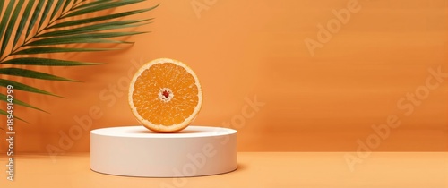 Orange fruit cut in half alongside tropical palm leaf on product podium, summer food minimal theme, perfect for Product Display and Business Concept