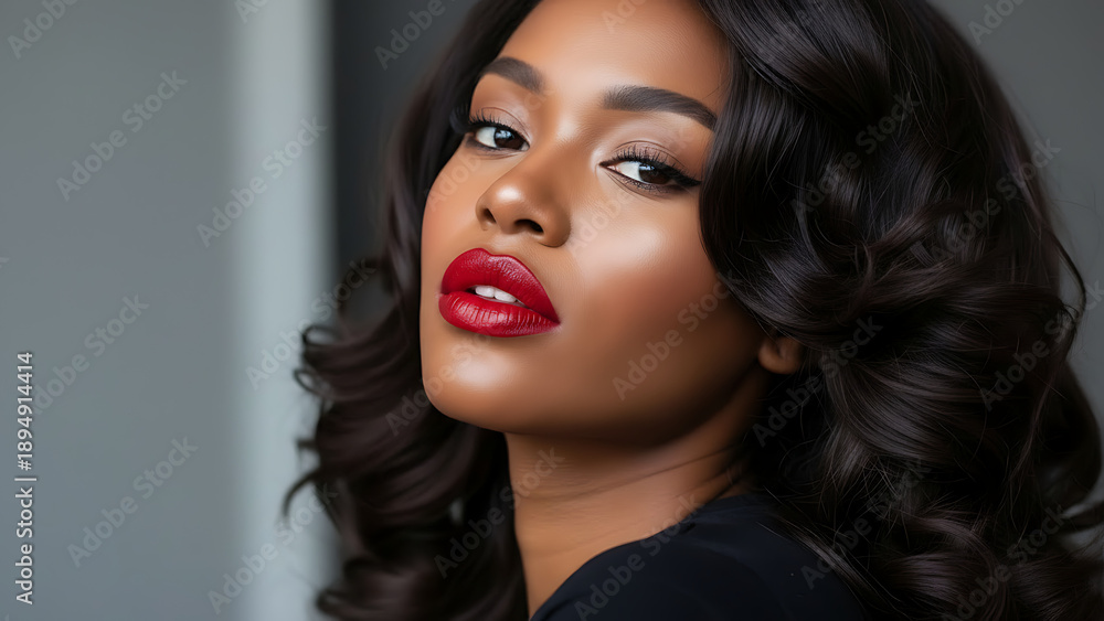 Fototapeta premium Attractive Black woman with red lipstick and flowing hair