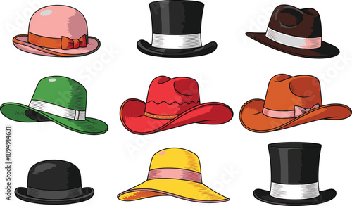 Set of cartoon stylish hats including fedora top hat and sun hat