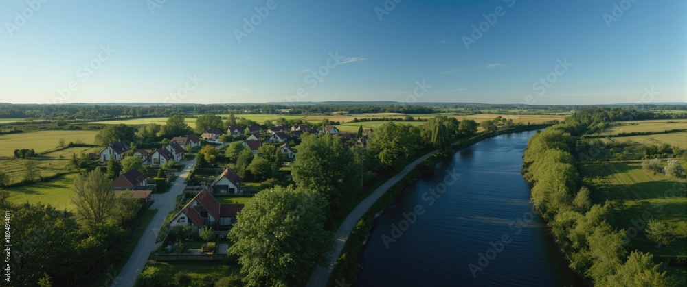 Fototapeta premium Drone view overlooking cottage village close to the river during summer, highlighting houses, forests, and gardens
