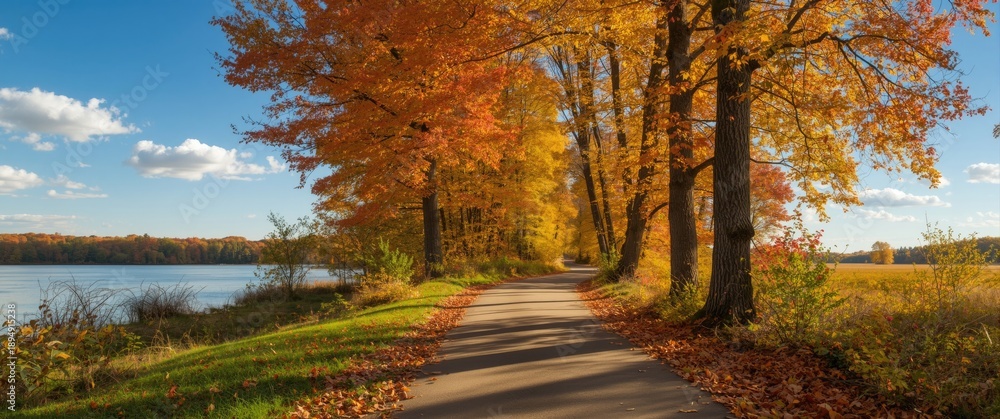Fototapeta premium Bright autumn day featuring vibrant leaves, scenic water and nature views, trees, grass, winter elements, road, and autumn foliage
